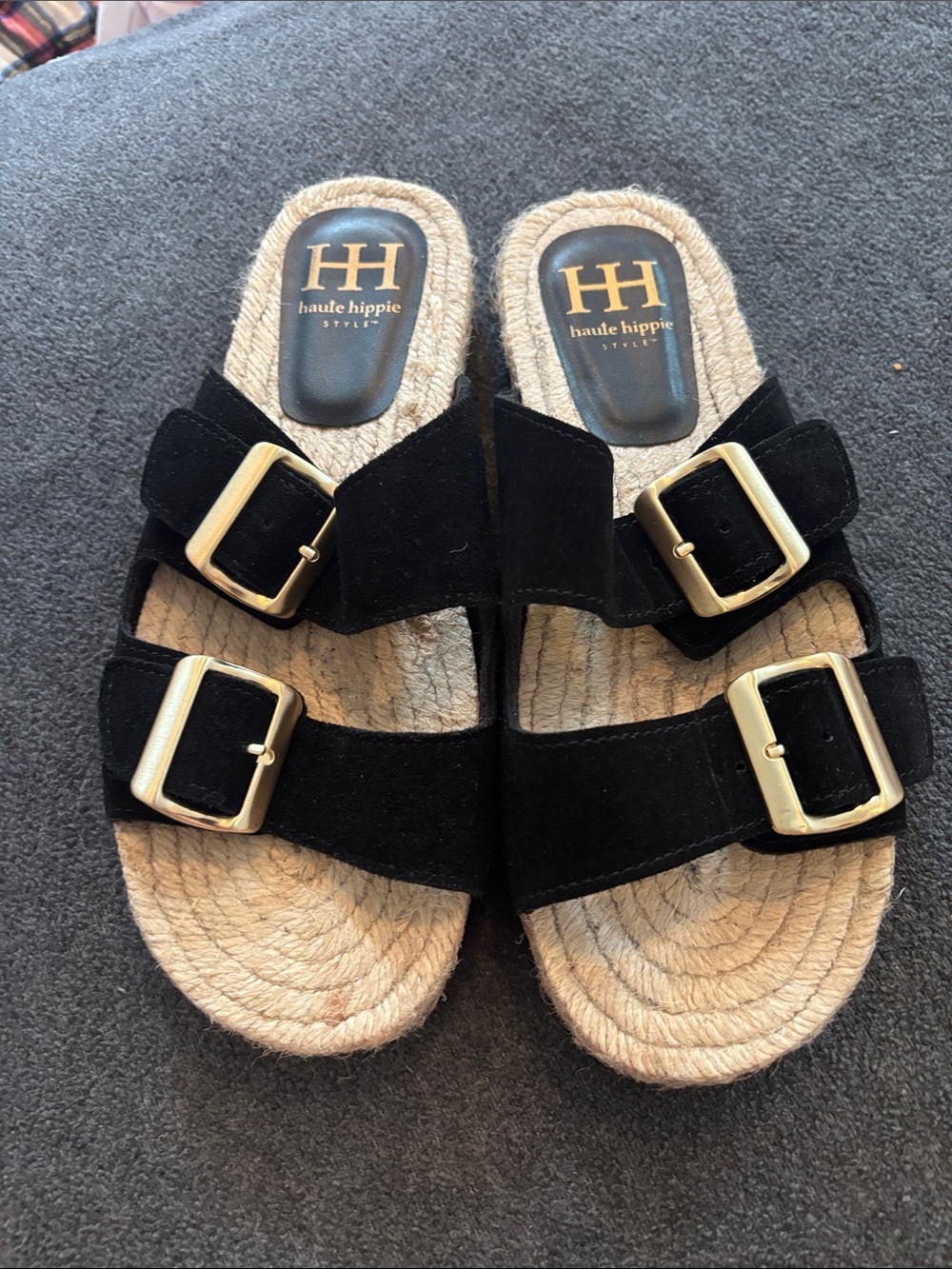 NWOT Haute Hippie Black Suede Dual Buckle Espadrille Slides